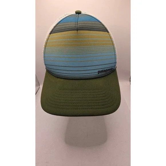 Patagonia Striped Mesh Trucker Hat Green Blue Yellow‎ Adult Strapback Cap