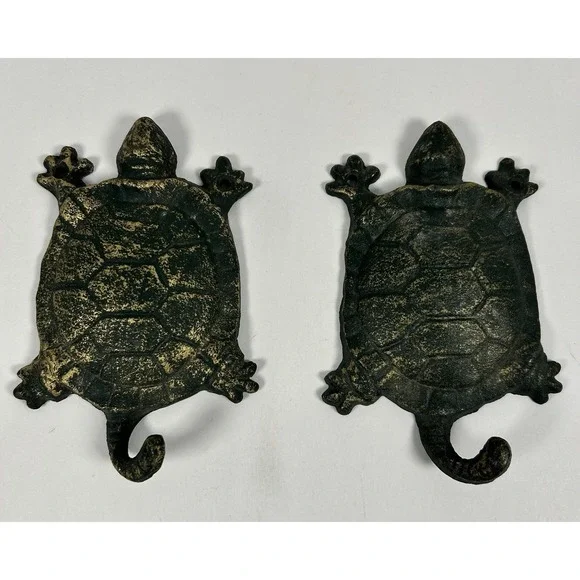 Pair Cast Iron SEA TURTLE Wall Hooks Towel Hanger Ocean Nautical Decor Patina 6
