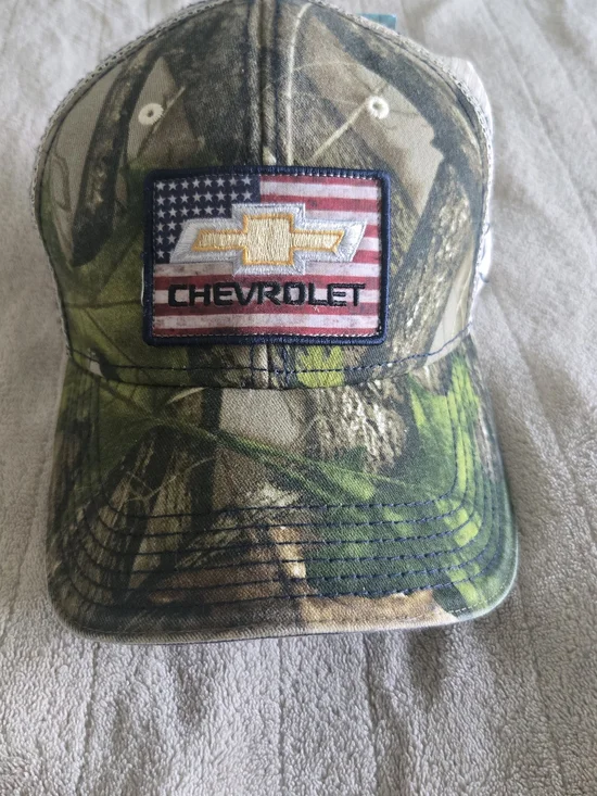 Chevrolet Camo Trucker Hat with American Flag Patch