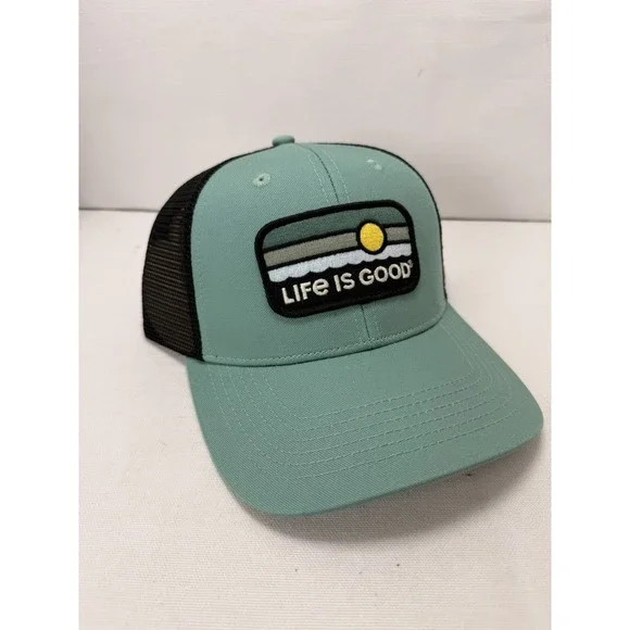 Life is Good Trucker Hat Green Snapback Mesh Mountain Patch Logo Adjustable New
