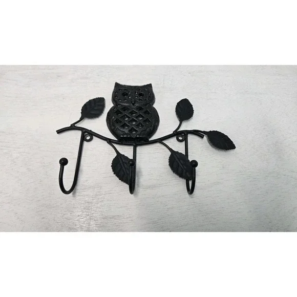 Metal Owl Wall Hook with 3 Hangers Wrought Iron Owl on Branch with Leaves