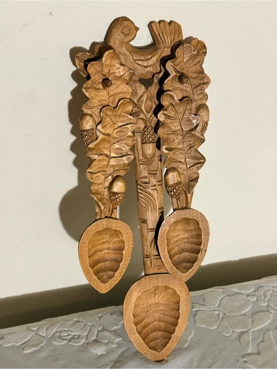 Carved Wooden Wall Hook Trio in Natural Brown
