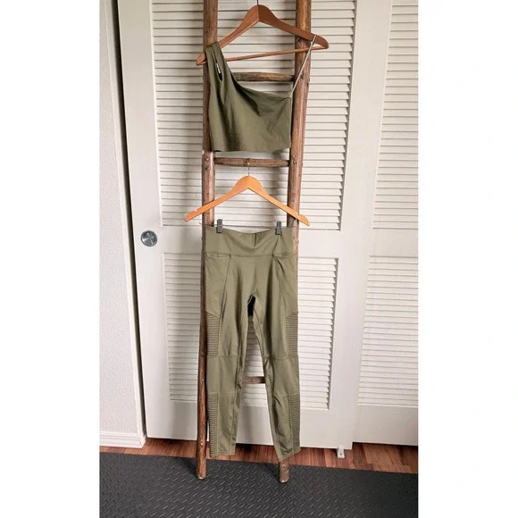 Fabletics Olive Green Moto Leggings and‎ One Shoulder Sports Bra Set