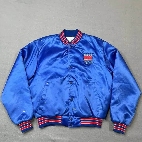 Vintage Swingster Sacramento Kings Jacket Mens Large Blue Satin Lined Snap Front