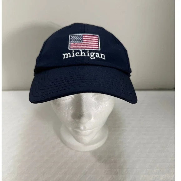 Vineyard Vines Mens Michigan American Flag Performance Hat Navy Blue Adjustable