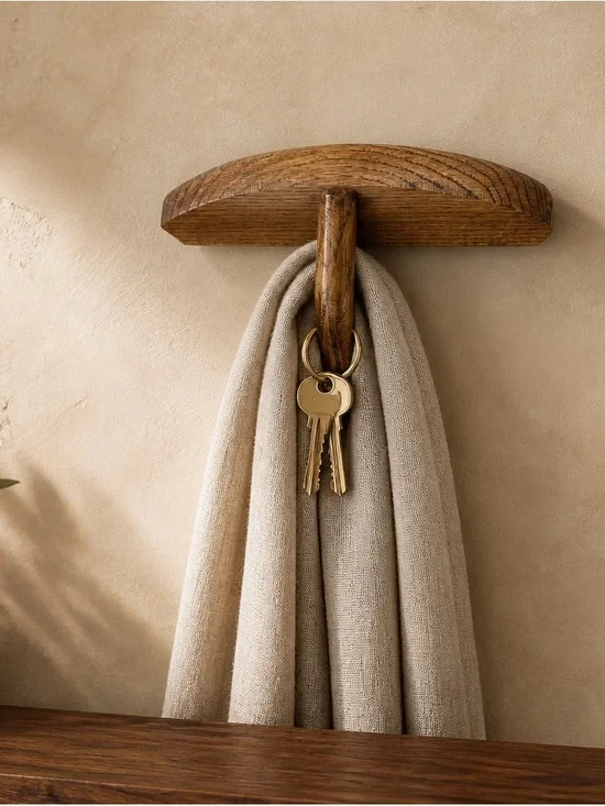 Wood Wall Hook in Warm Brown with Cream Towel