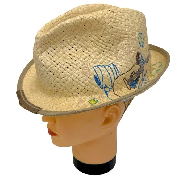 True Religion Sz L/XL 100% Paper Straw Embroidered World Tour Buddha Trilby‎ Hat