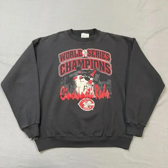Vintage Cincinnati Reds Sweatshirt Adults Size XL Black Long Sleeve Velva Sheen