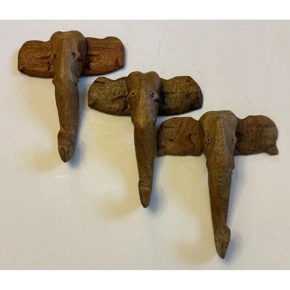 Vintage India  Hand Carved Wooden Elephant Wall Hooks Set Of 3
