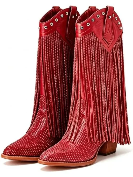 Women's Red Rhinestone Cowgirl Boot Sparkly Pointed Toe Fringe Chunky Heel