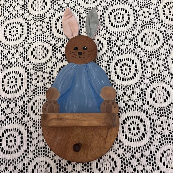 Hand-Painted Wooden Bunny Wall Shelf with Peg | Cottage