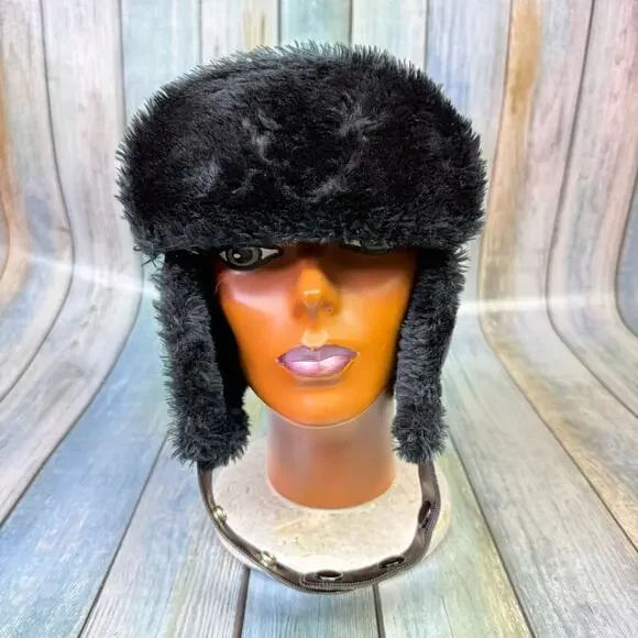 Black Leather Vintage Trooper Hat Made in Korea Cousin Eddie Ear Flap Aviator