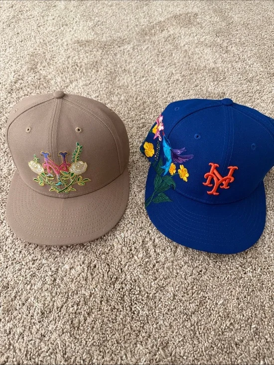 New York Mets Floral Embroidered Baseball Cap - Blue & Taupe