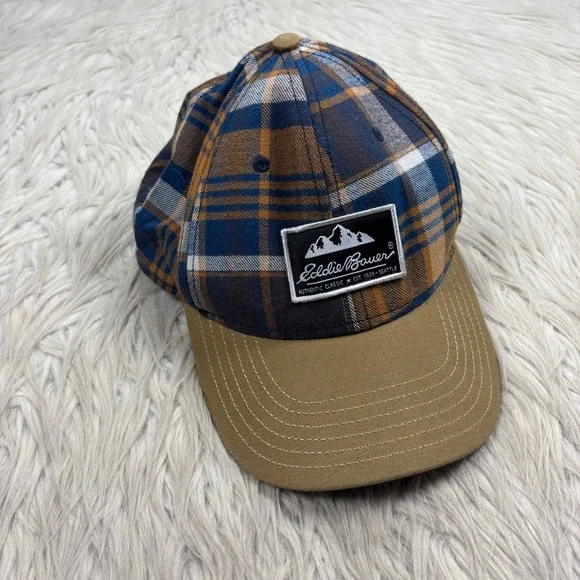 Eddie Bauer Men's Unisex OS Brown Navy Plaid Baseball Hat Cabincore Gorpcore
