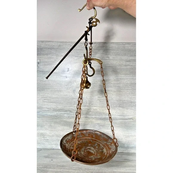 Antique Original Solid Brass Hanging Weighing Beam Balance Scale Chain & Weight