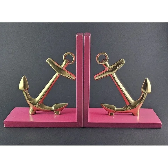 Threshold Pink Anchor Bookends Brass Wood Set Wood Nautical Hot Pink Brass