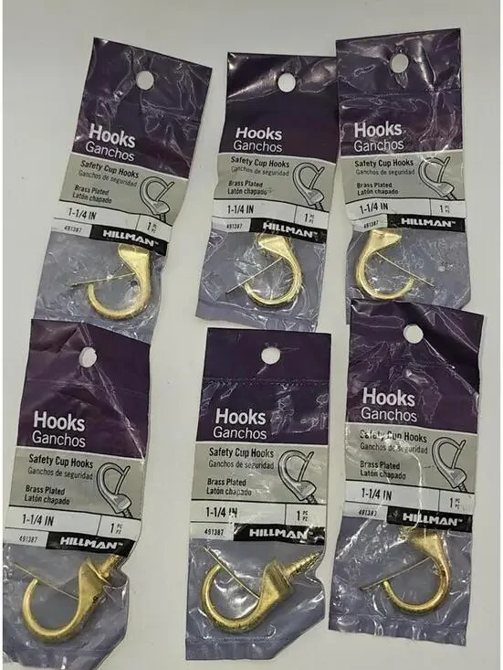 Hillman Brass Plated Safety Cup Hooks 1-1/4 Inch - 6 Pack