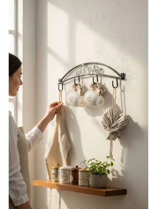 Black Metal Wall-Mounted Coffee-Themed Hook Rack With 4 Hooks
