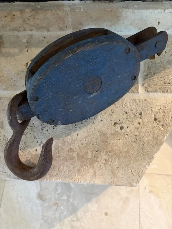 Vintage Blue Pulley & Hook - Decorative Rustic Accent