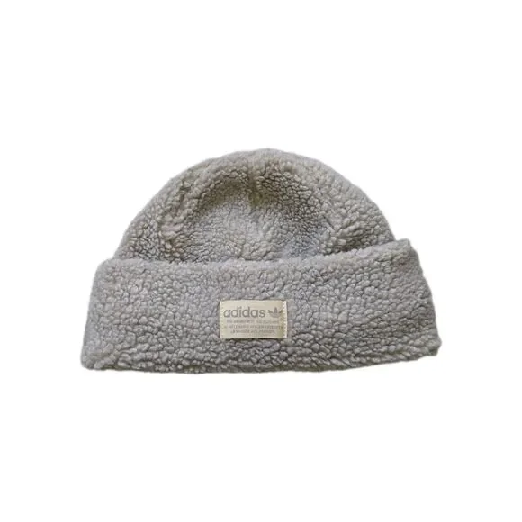 Adidas Originals Sherpa Fleece Beanie Beige Black Cuffed Warm Winter Hat OS EUC