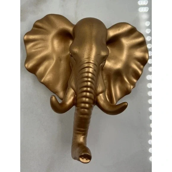 Gold Elephant Head Wall Hook Resin Metallic Safari Decor Key Holder 4 Inch