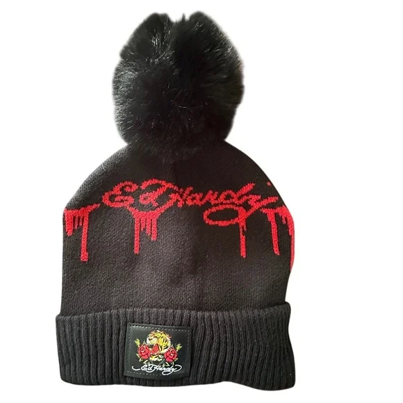 Ed Hardy Black Knit Pom Beanie Hat Red Drip Logo Tiger Rose Patch NWOT
