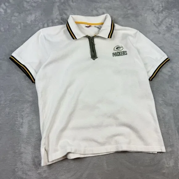Vintage Green Bay Packers Embroidered Quarter Zip Polo Shirt White NFL L