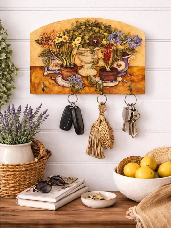 Floral Wooden Key Holder Wall Rack Entryway Decor