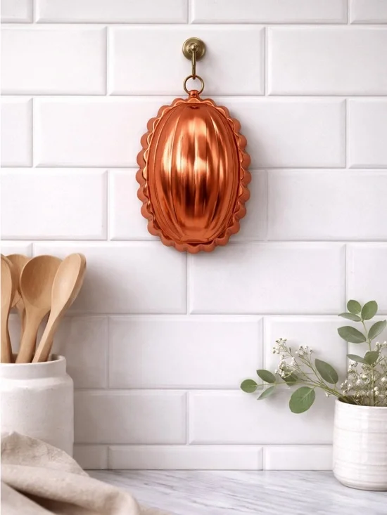 Vintage Copper Mold Wall Hanging Kitchen Decor Oval Fluted Rustic Farmhouse