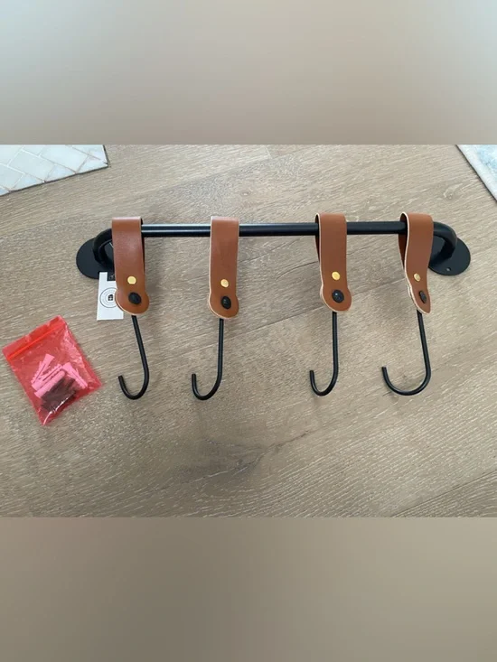 Wall-Mount Hook Rack with Brown Leather Straps - Black Metal