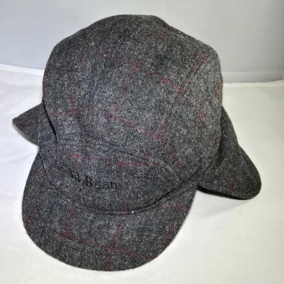 LL Bean Maine‎ Guide Wool Cap Adults XL PrimaLoft Plaid Ear Flaps Gray Red