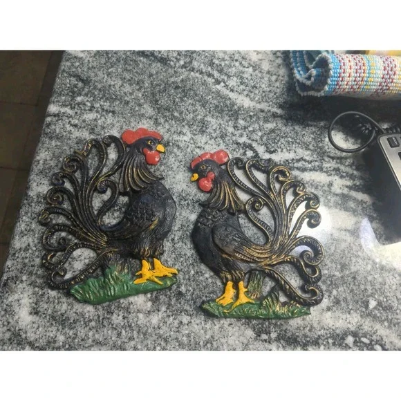 2 Vintage Cast Iron Roosters Wall Hangings Black Farmhouse Farm Chicken Decor