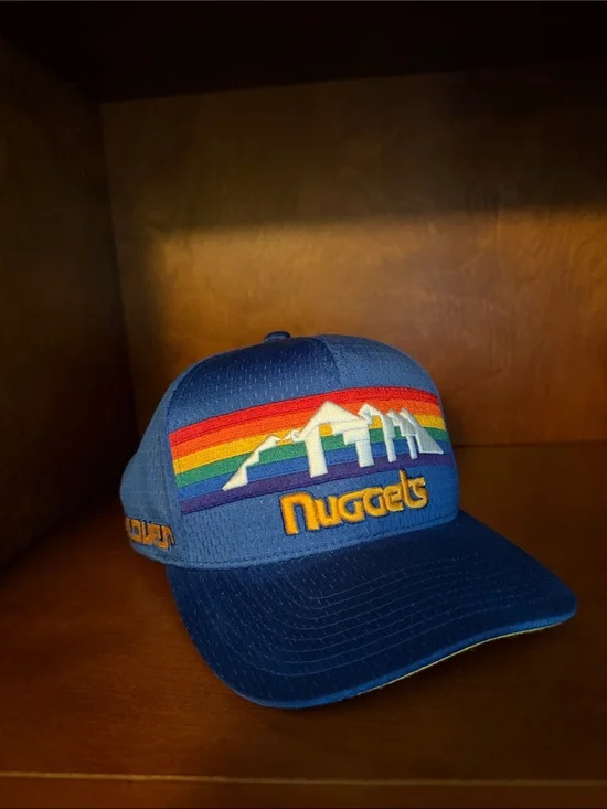 Mitchell & Ness Blue Snapback Hat with Yellow Embroidery and Red Strap