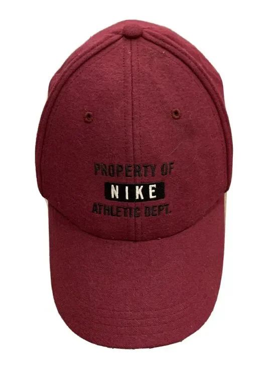 Vtg 90s Nike Red Property Of Nike Athletic Dept Leather Strapback Hat Cap Wool