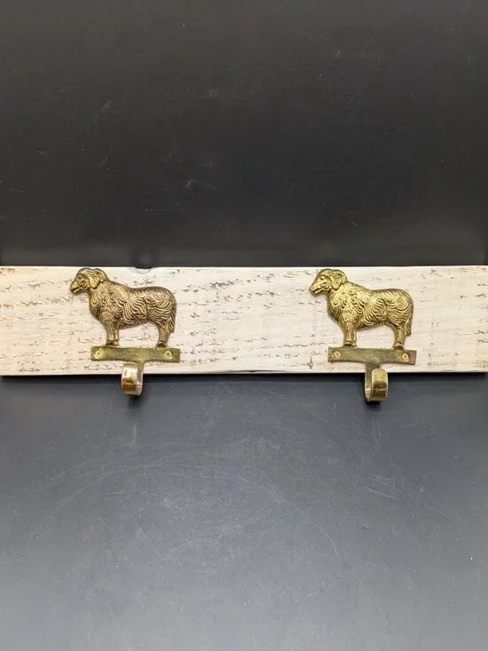 Hand Crafted Hat Key Coat Rack 2 Brass Sheep Ram Aries Hooks Wall Mount `16