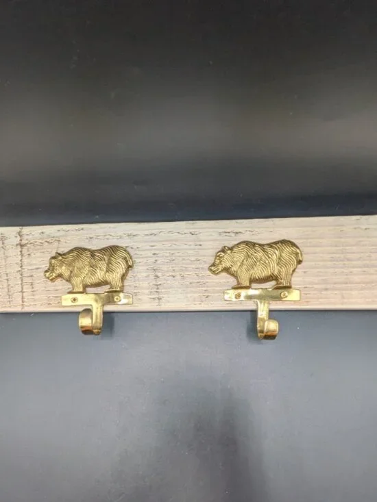 Hand Crafted Hat Key Coat Rack 2 Brass Bear Distressed Hooks Wall Mount `15.5