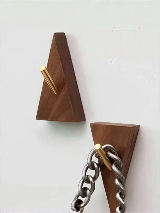 Wood Triangle Wall Hook with Brass Peg - Brown