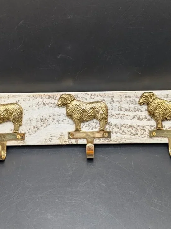 Hand Crafted Hat Key Coat Rack 3 Brass Sheep Ram Aries Hooks Wall Mount `16.5
