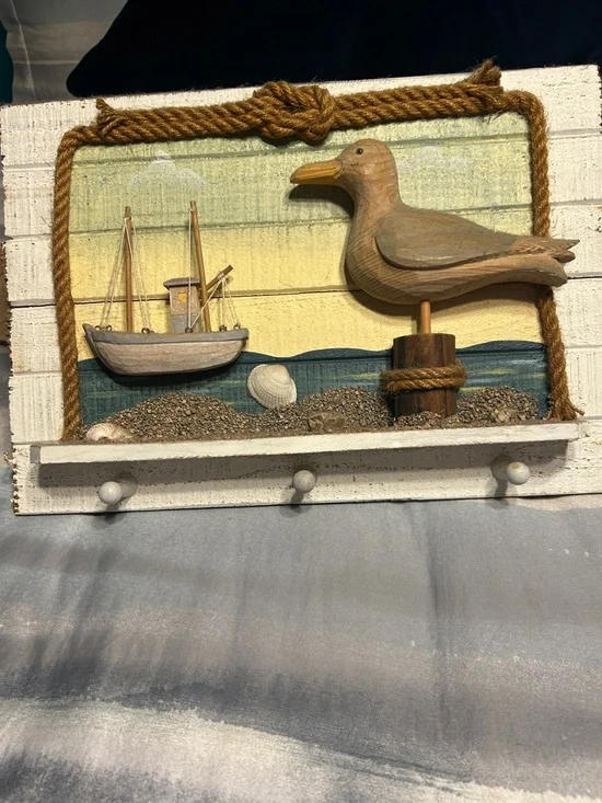 Nautical Seagull Wall Hook Plaque in Yellow and Blue -