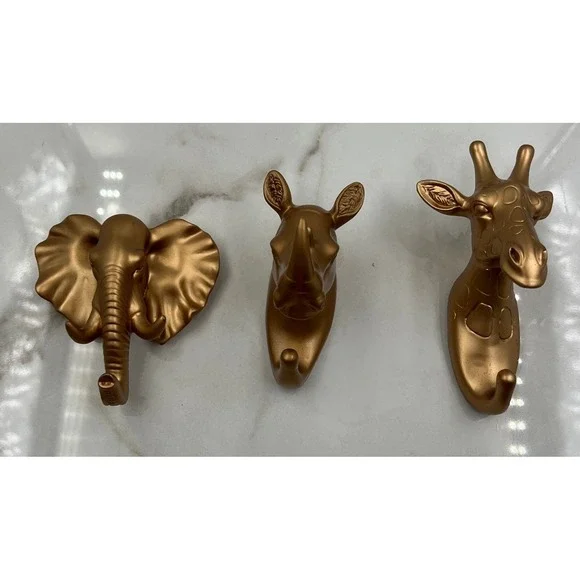 Safari Animal Wall Hooks Set of 3 Gold Plastic Elephant Rhino Giraffe Decor