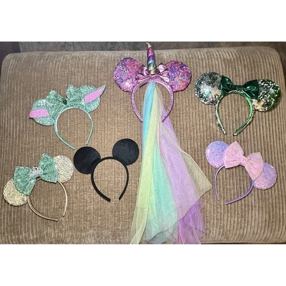 Disney Mouse Ears Headband Bundle Lot of 6 Unicorn Yoda Crown Pink Purple EUC