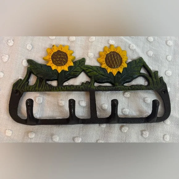 VINTAGE Farmhouse Cast Iron HOOK WALL HANGER Sunflowers