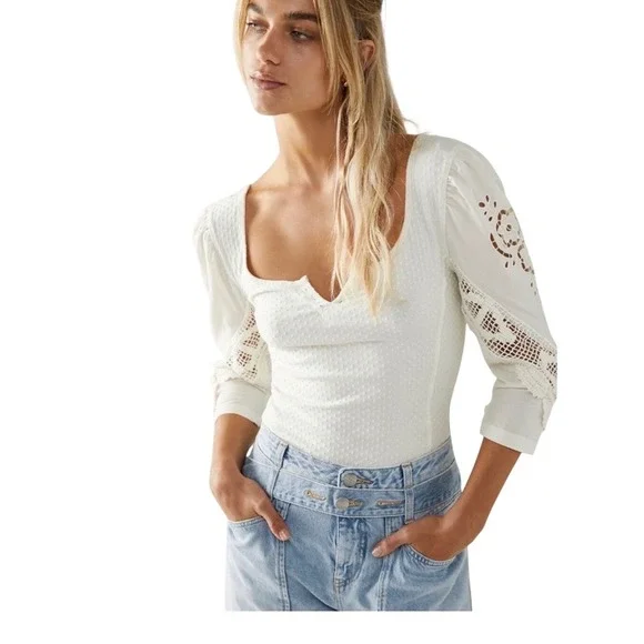 Free People Brunch Date Knit Top Crochet Lace Puff Sleeve XS Boho Whimsical