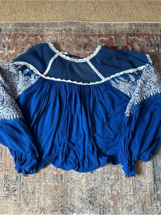 Free People Royal Blue Embroidered Peasant Tunic