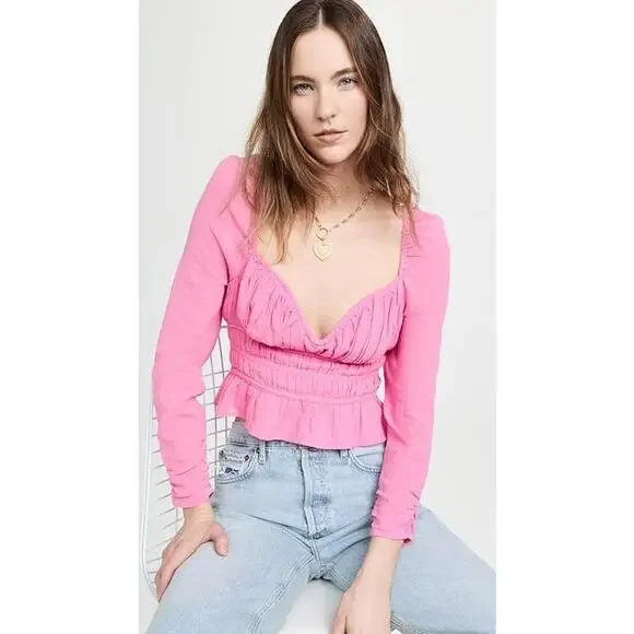 Free People Chloe Smocked Top Pink Cotton Gauze Ruched Romantic Blouse Size S‎