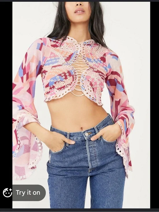 Free People Pink Multi Eyelet Lace-Up Cropped Top