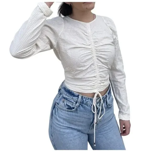 Free People Women's long sleeve crop top cinch front Ivory Size XS Boho Chic