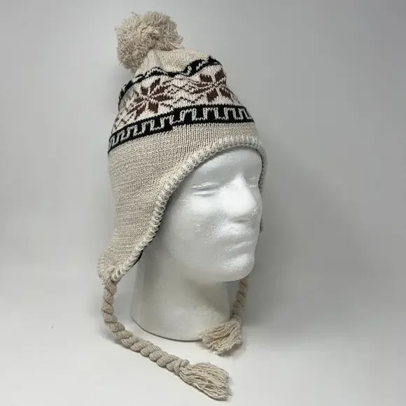 Beige Brown Ear Flap Winter Hat One Size Knit Pom Tassel Fleece Lined