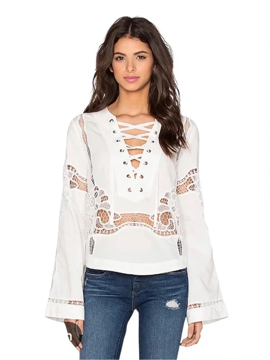 FREE PEOPLE Bittersweet Lace Up Poplin Cotton Top Blouse Crochet Lace Sz M Boho
