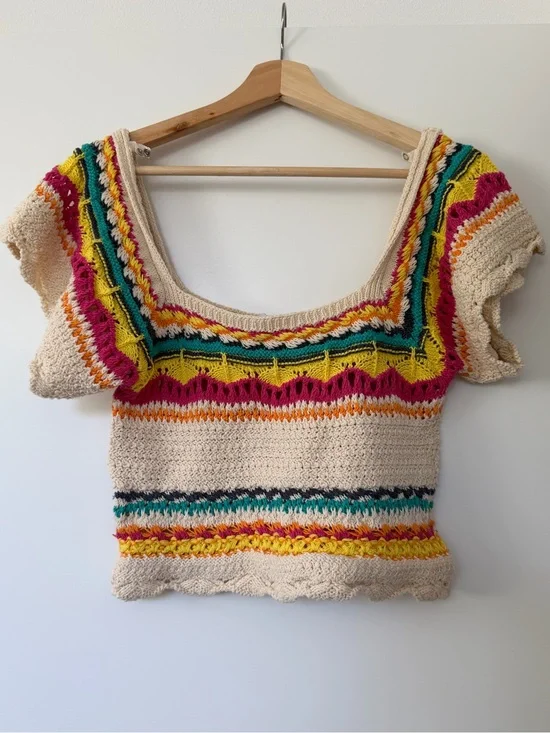 Zara Cream Crochet Scoop Neck Top with Yellow, Pink, Teal & Orange Accents